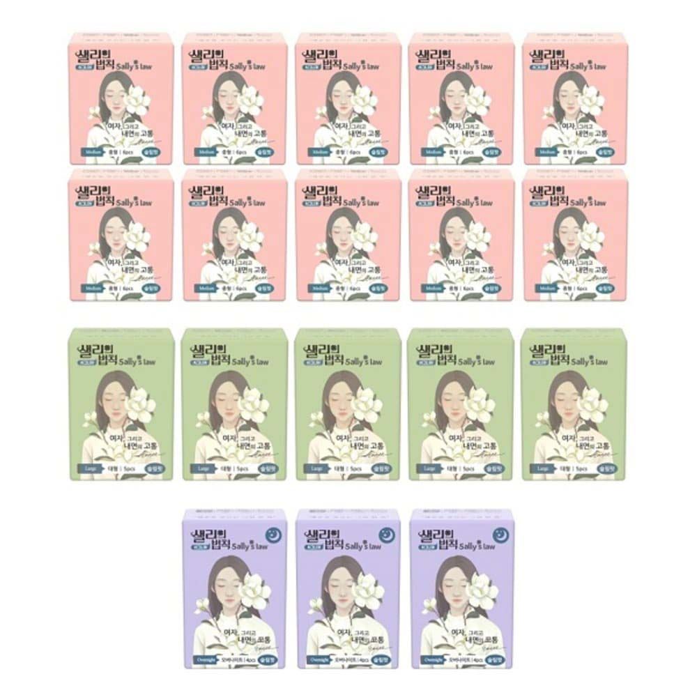 [SALLY'S LAW] Sanitary Pads Signiture Slim Fit Medium 10packs+Large 5packs+Overnight 3packs - 100% PLA Cover, Stylish line with adhesion, Eucalyptus Scent - Made in Korea